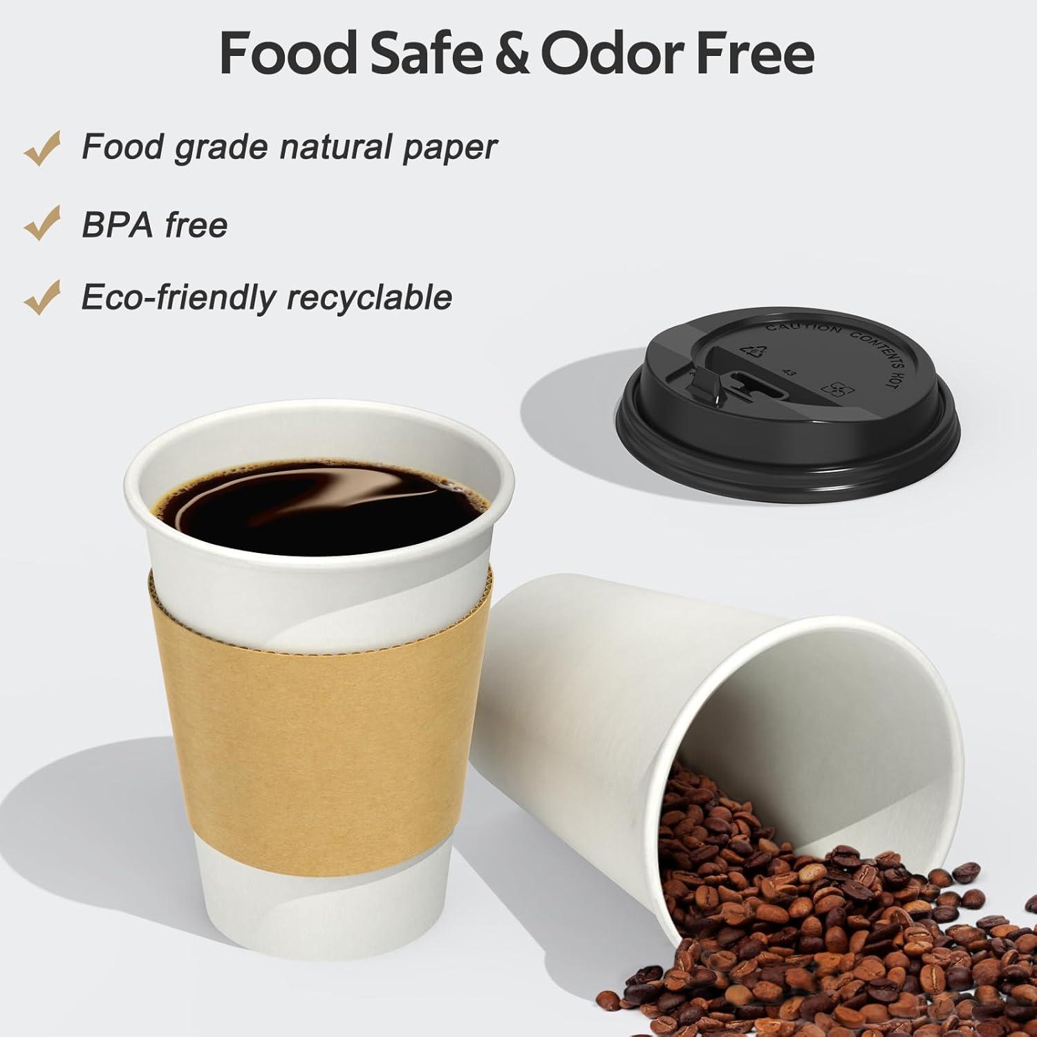 100 Pack 16 oz Disposable Coffee Cups with Lids and Sleeves, Sturdy Thick Paper & Leak-free Insulated to Go Paper Hot Coffee Cups for Hot & Cold Beverage(12 oz)