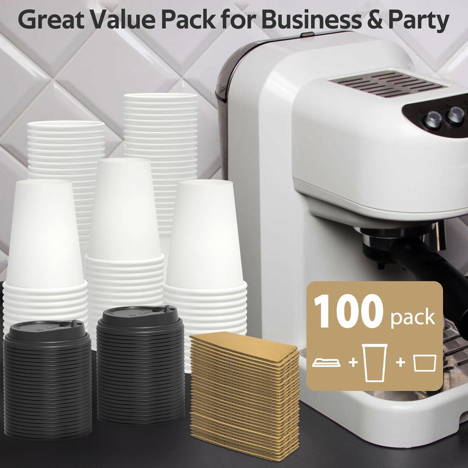 100 Pack 16 oz Disposable Coffee Cups with Lids and Sleeves, Sturdy Thick Paper & Leak-free Insulated to Go Paper Hot Coffee Cups for Hot & Cold Beverage(12 oz)
