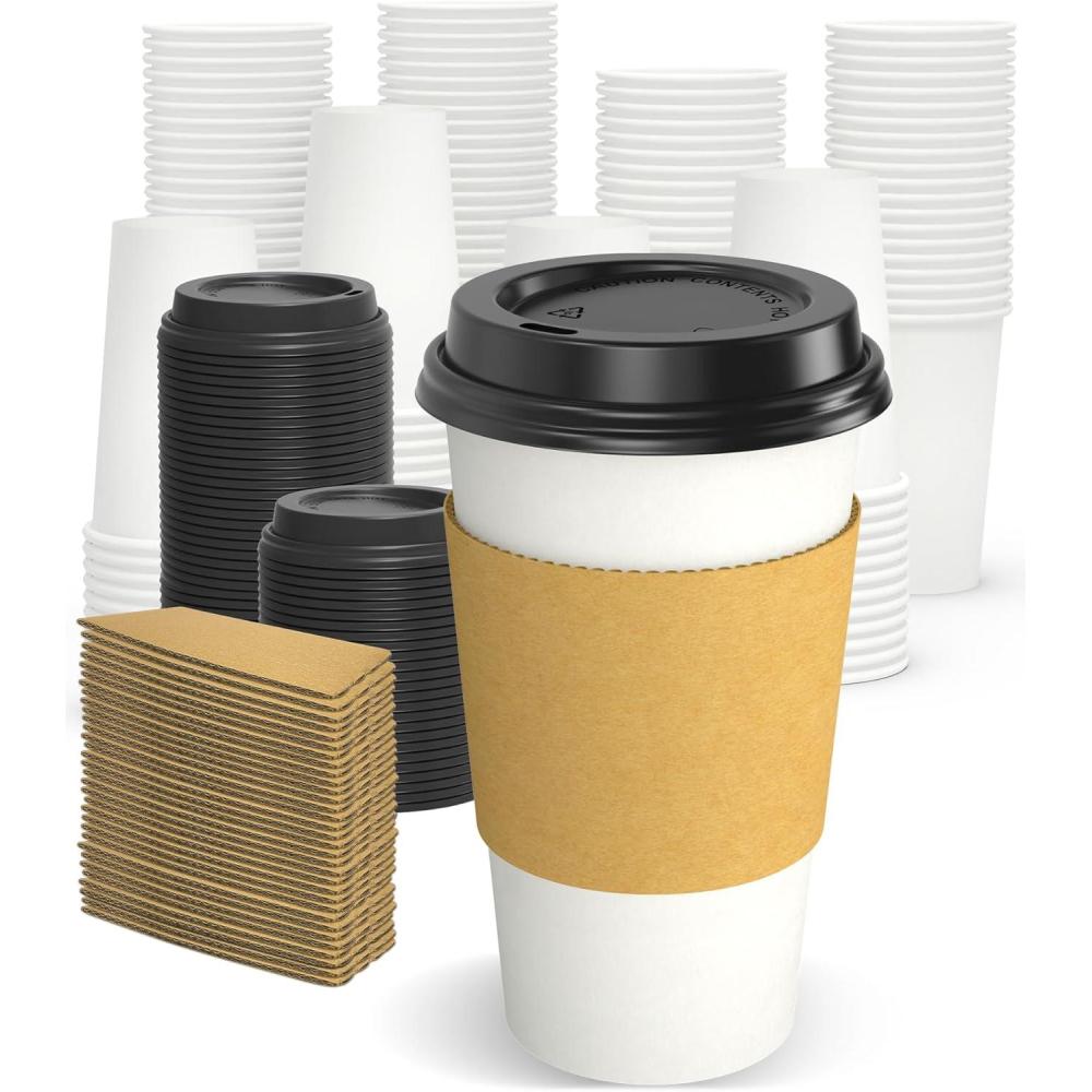 100 Pack 12 oz Disposable Coffee Cups with Lids and Sleeves, Sturdy Thick Paper & Leak-free Insulated to Go Paper Hot Coffee Cups with Sip Lids for Hot & Cold Beverage | with Lids, and Sleeves, Sturdy, Leak-free, Insulated, to Go Coffee Cups(16 oz)