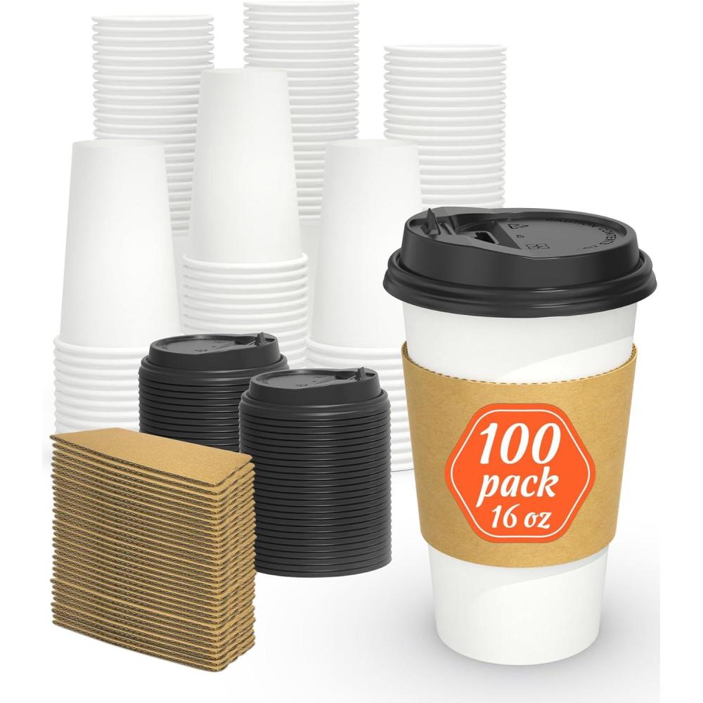 100 Pack 16 oz Disposable Coffee Cups with Lids and Sleeves, Sturdy Thick Paper & Leak-free Insulated to Go Paper Hot Coffee Cups for Hot & Cold Beverage(16 oz)