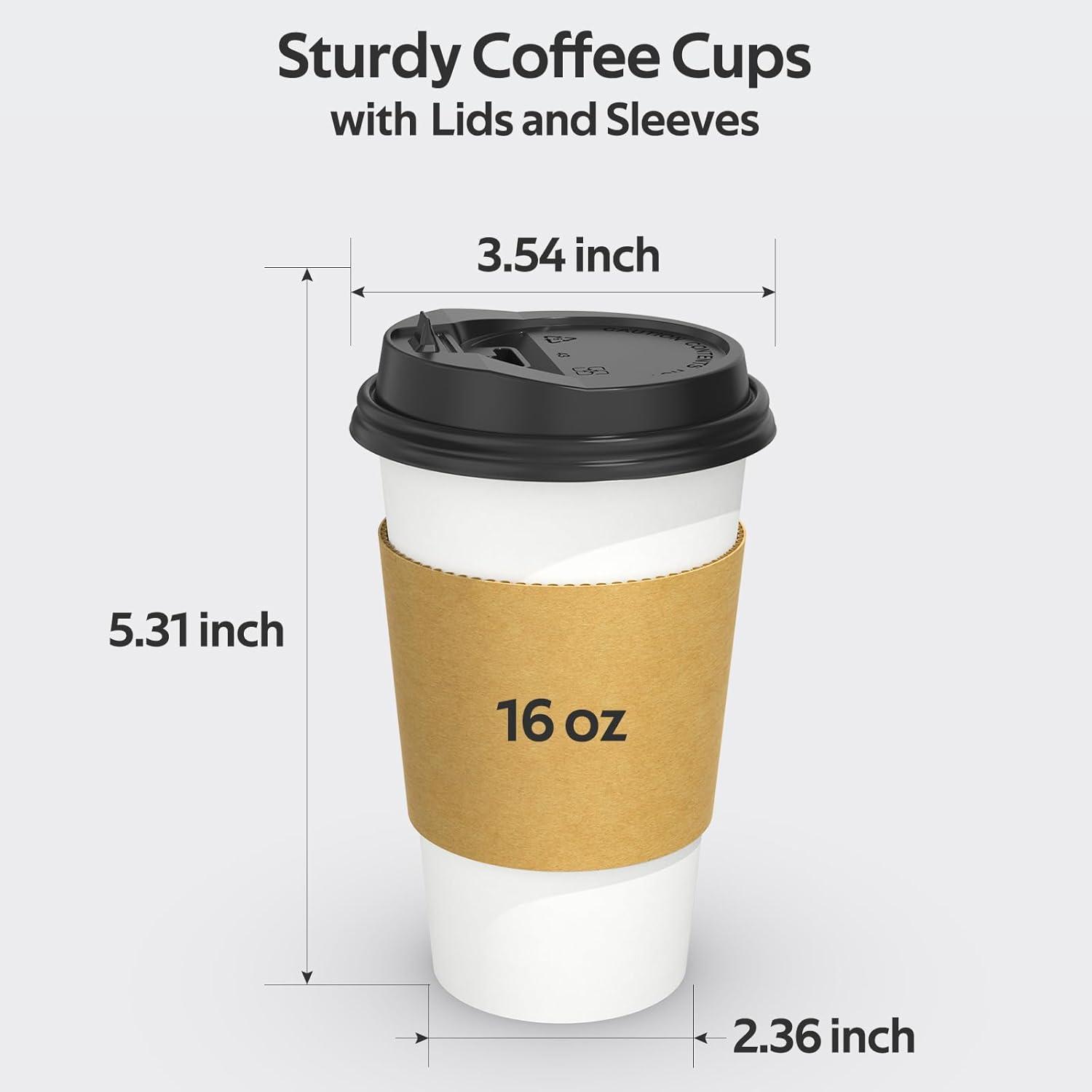 100 Pack 16 oz Disposable Coffee Cups with Lids and Sleeves, Sturdy Thick Paper & Leak-free Insulated to Go Paper Hot Coffee Cups for Hot & Cold Beverage(16 oz)