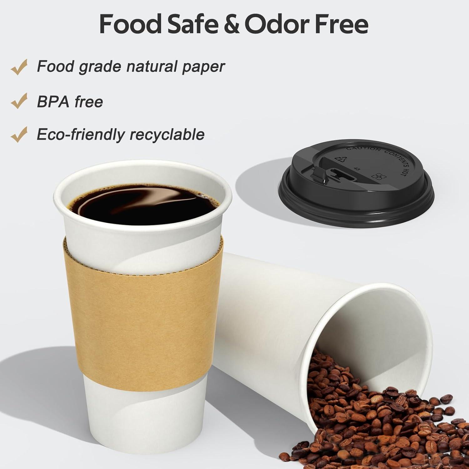 100 Pack 16 oz Disposable Coffee Cups with Lids and Sleeves, Sturdy Thick Paper & Leak-free Insulated to Go Paper Hot Coffee Cups for Hot & Cold Beverage(16 oz)