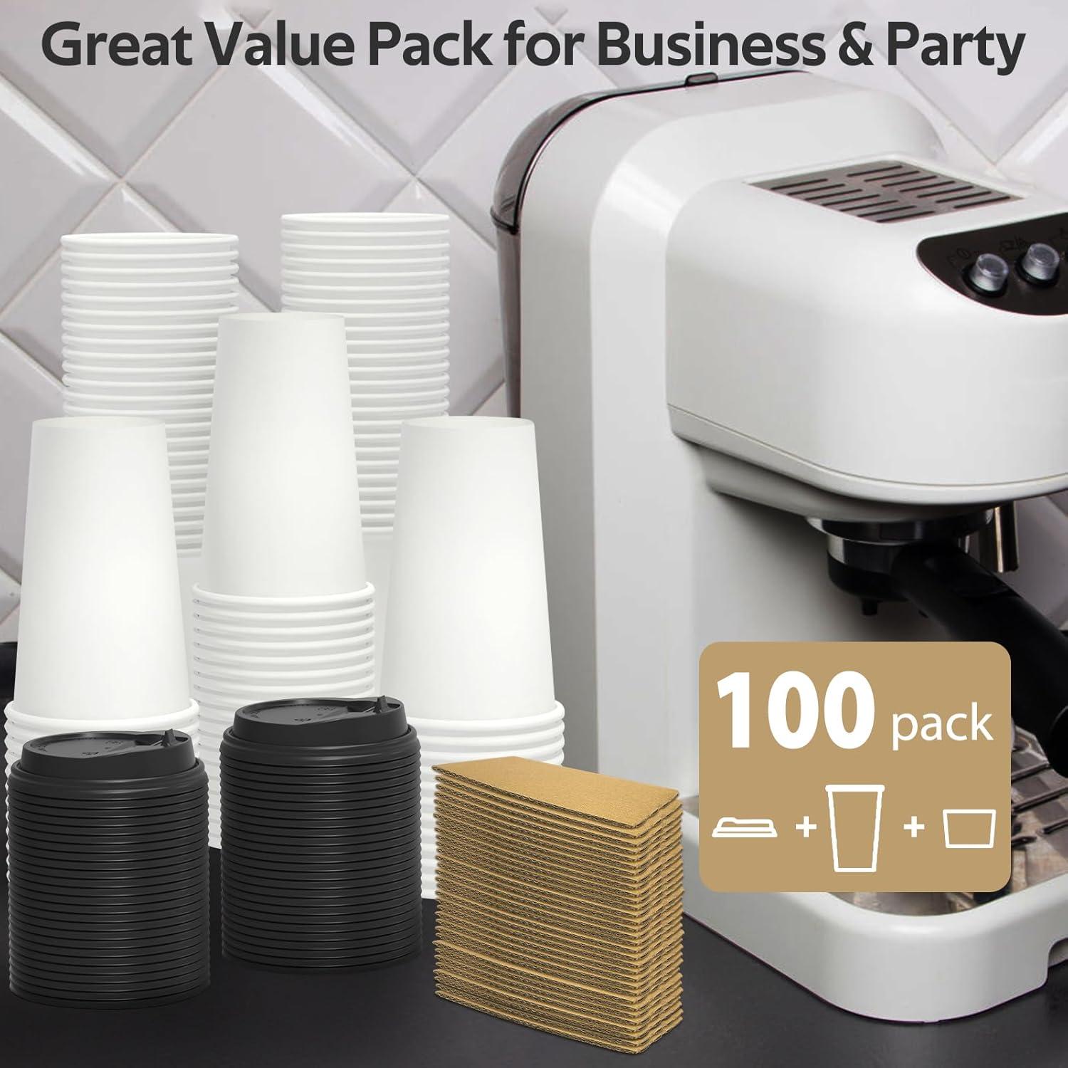 100 Pack 16 oz Disposable Coffee Cups with Lids and Sleeves, Sturdy Thick Paper & Leak-free Insulated to Go Paper Hot Coffee Cups for Hot & Cold Beverage(16 oz)