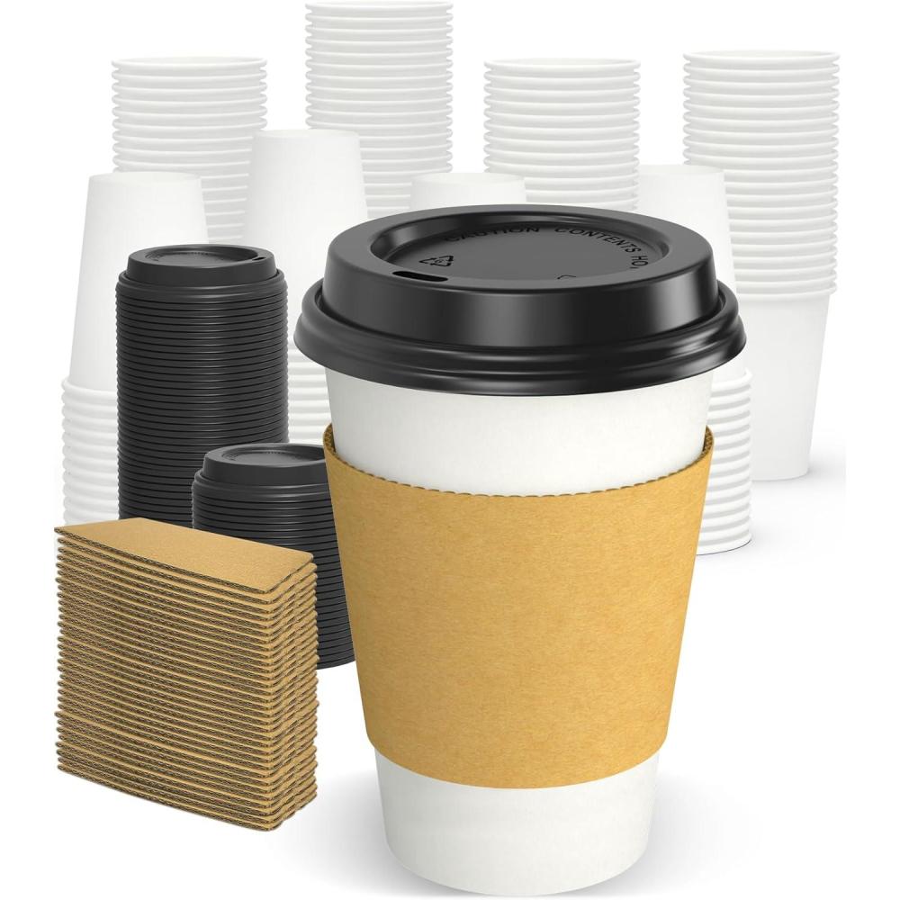 100 Pack 12 oz Disposable Coffee Cups with Lids and Sleeves, Sturdy Thick Paper & Leak-free Insulated to Go Paper Hot Coffee Cups with Sip Lids for Hot & Cold Beverage | with Lids, and Sleeves, Sturdy, Leak-free, Insulated, to Go Coffee Cups(12 oz)